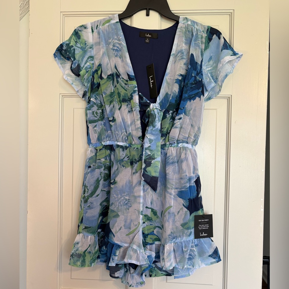 NEW Lulu's Small Blue and Green Watercolor Floral romper with tie at chest - Picture 2 of 5